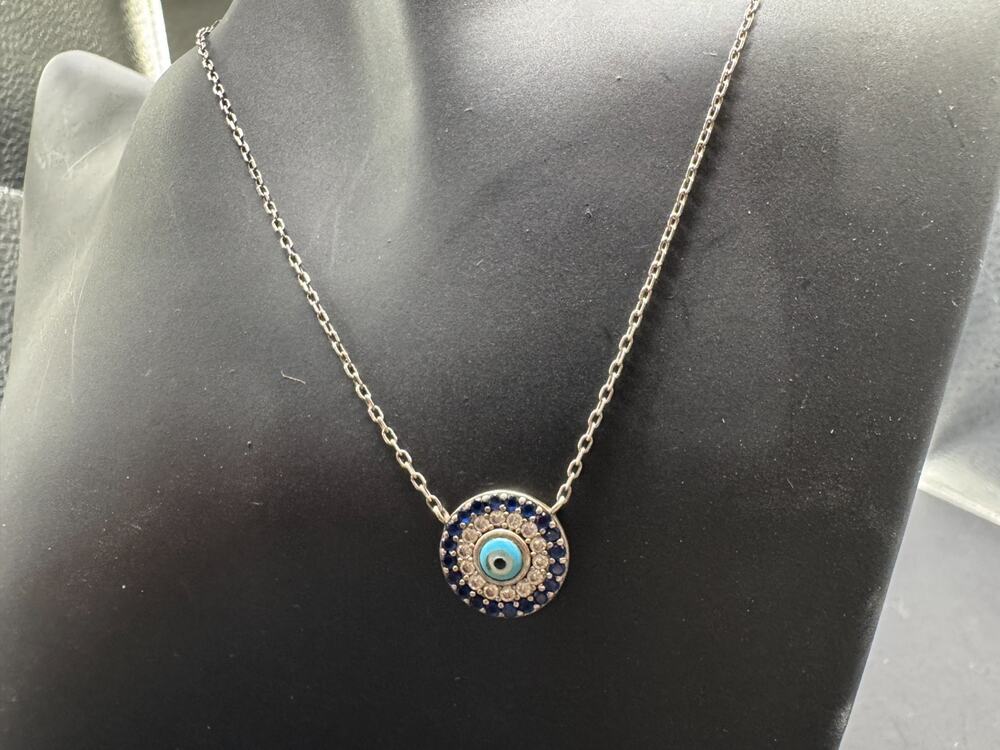 925 Sterling Silver Cubic Zirconia Blue Disc Evil Eye Pendant Necklace 17.5"